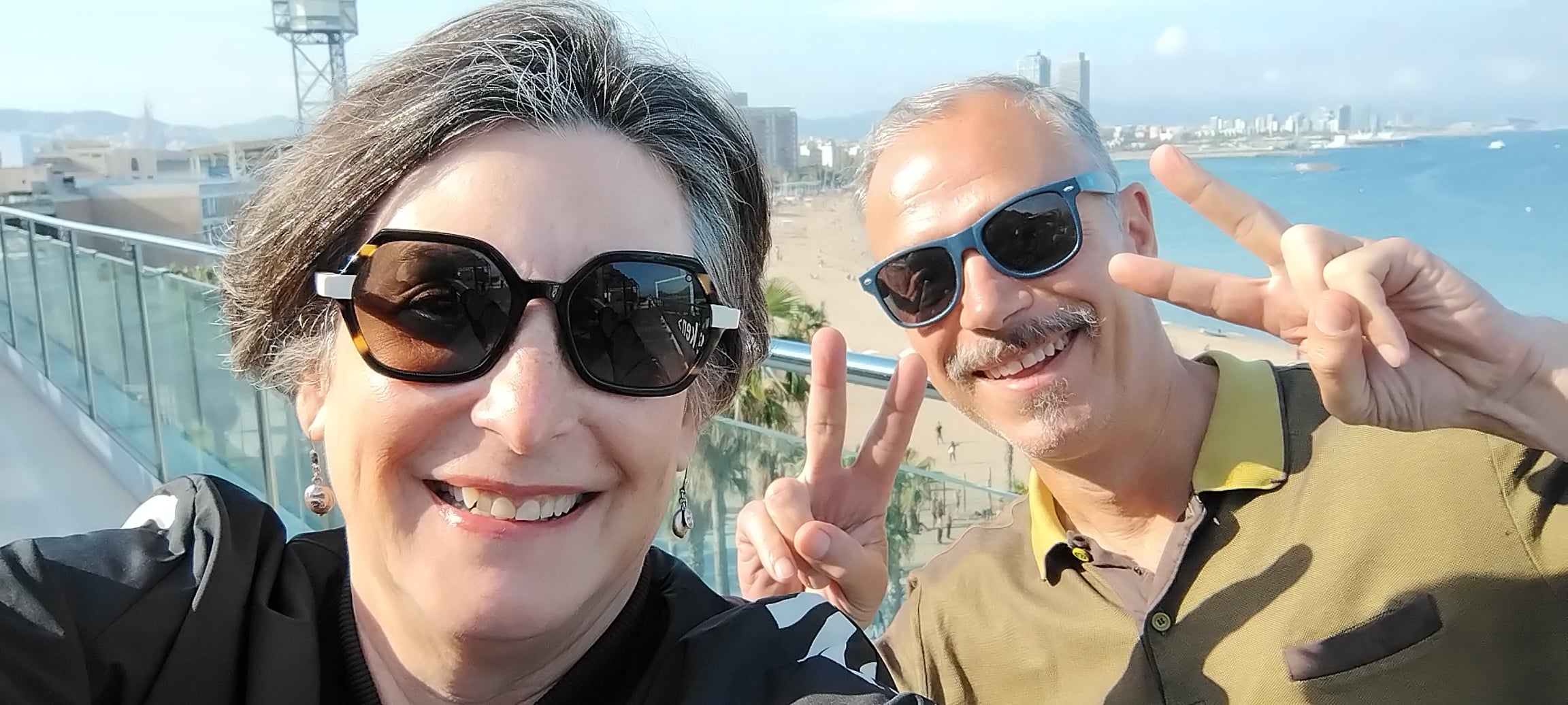 Janet Greco and Marco Frazier at Norrsken House Barcelona overlooking Barcelona's seafront during the launch of the BCN Media Table networking initiative.