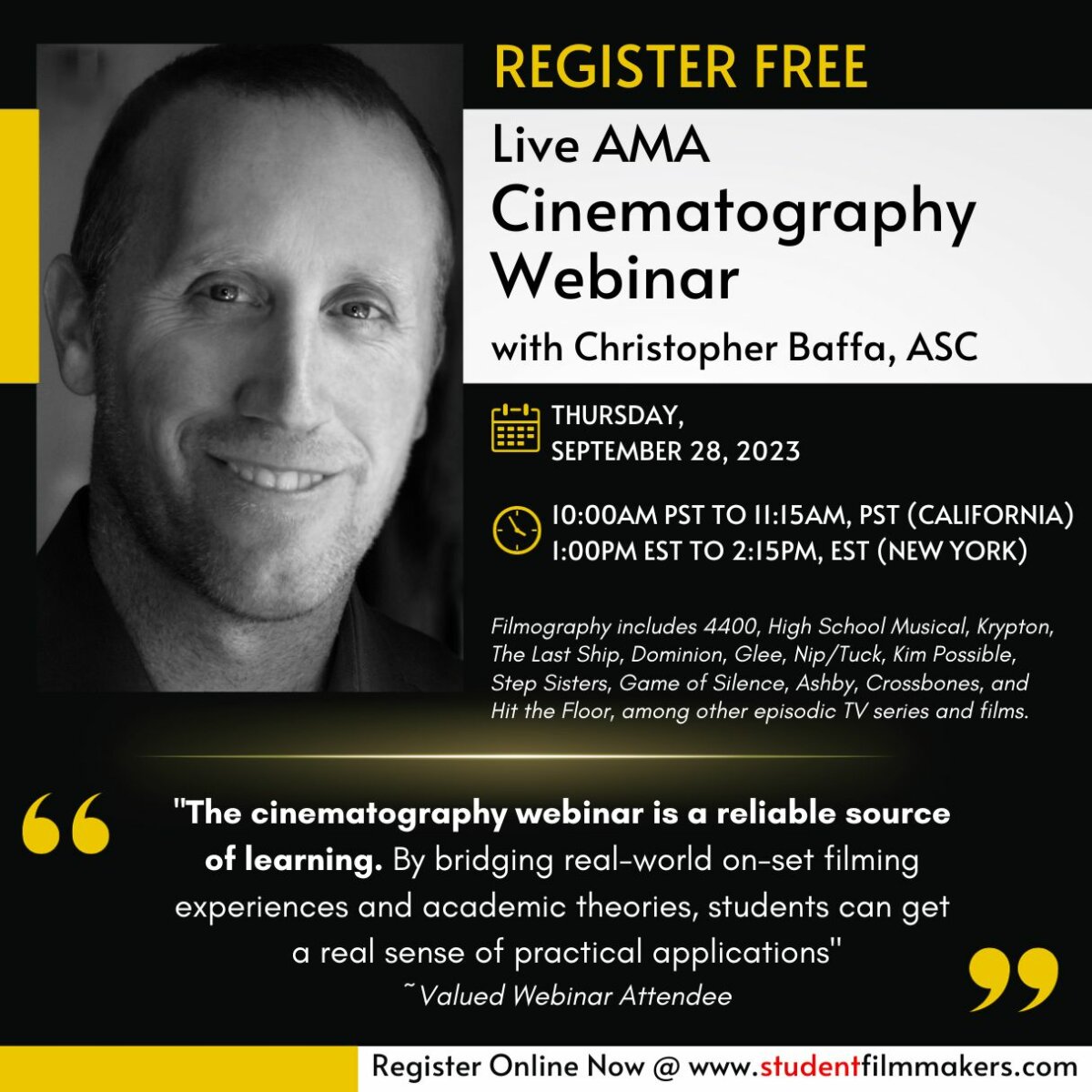 New Live Webinar with Christopher Baffa, ASC next Thursday, September 28, 2023